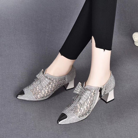 2026 summer casual Rhinestone hollow chunky heel shoes and new belt buckle solid color plus size women's sandals