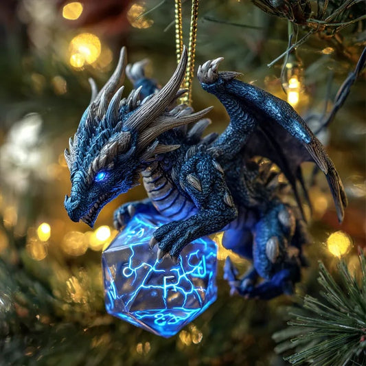 Dragon & D20 Crystal Dice Ornament — 4" Hand-detailed Fantasy Christmas Decoration