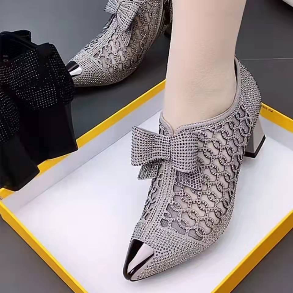 2026 summer casual  Rhinestone hollow chunky heel shoes and new belt buckle solid color plus size women's sandals
