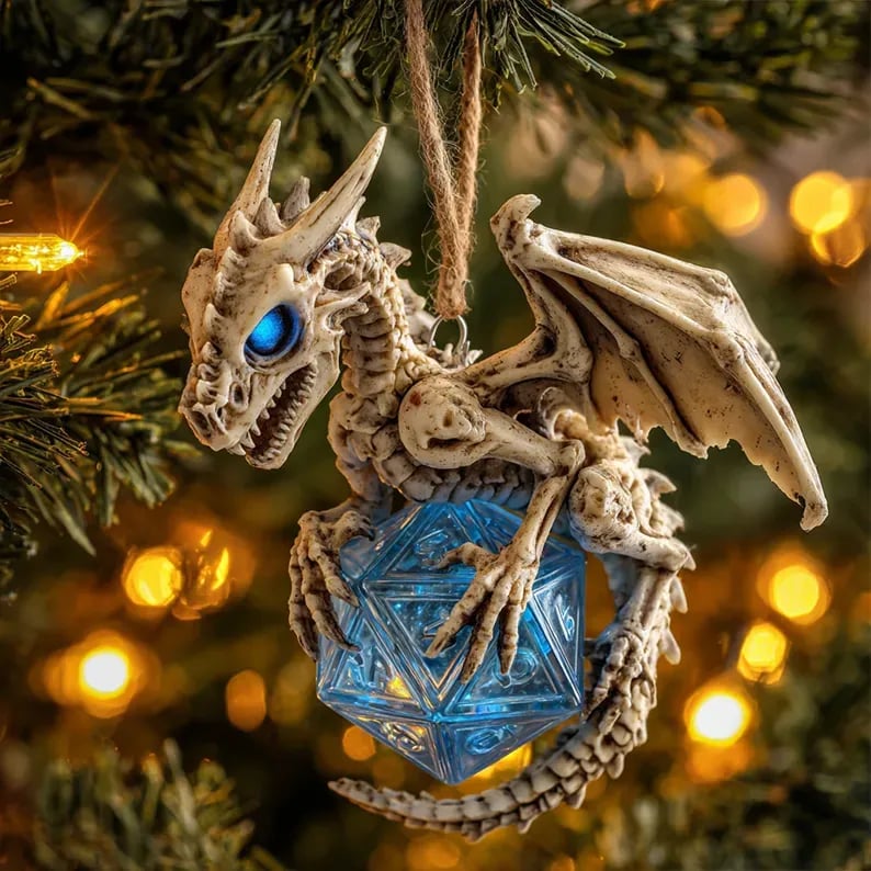 Dragon & D20 Crystal Dice Ornament — 4" Hand-detailed Fantasy Christmas Decoration