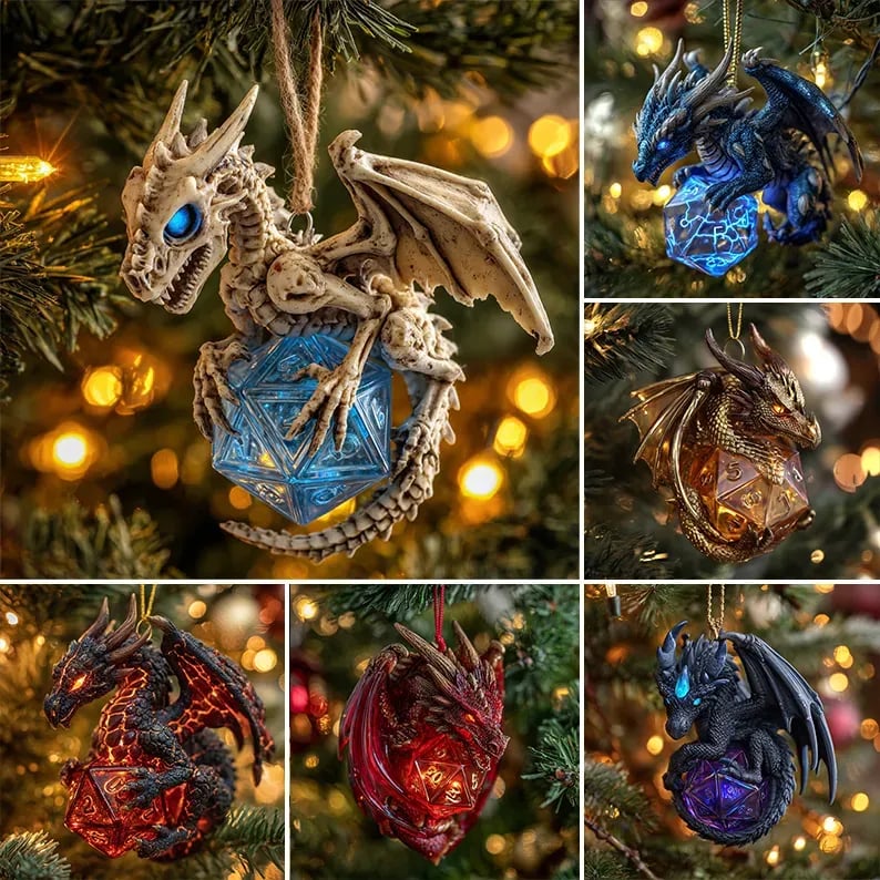 Dragon & D20 Crystal Dice Ornament — 4" Hand-detailed Fantasy Christmas Decoration