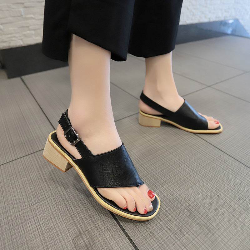 2026 summer casual  Rhinestone hollow chunky heel shoes and new belt buckle solid color plus size women's sandals