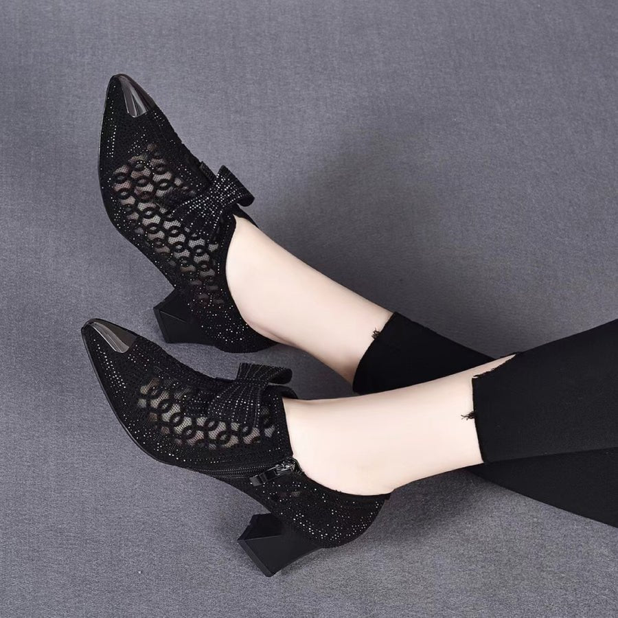 2026 summer casual  Rhinestone hollow chunky heel shoes and new belt buckle solid color plus size women's sandals