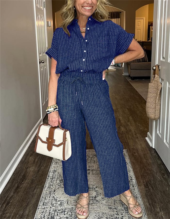 NEW💥 Classic striped linen cotton shirt set with pockets