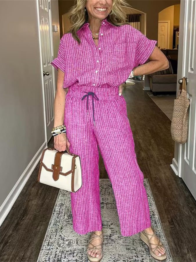 NEW💥 Classic striped linen cotton shirt set with pockets