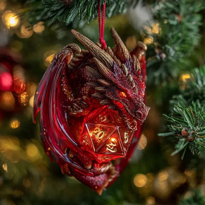 Dragon & D20 Crystal Dice Ornament — 4" Hand-detailed Fantasy Christmas Decoration